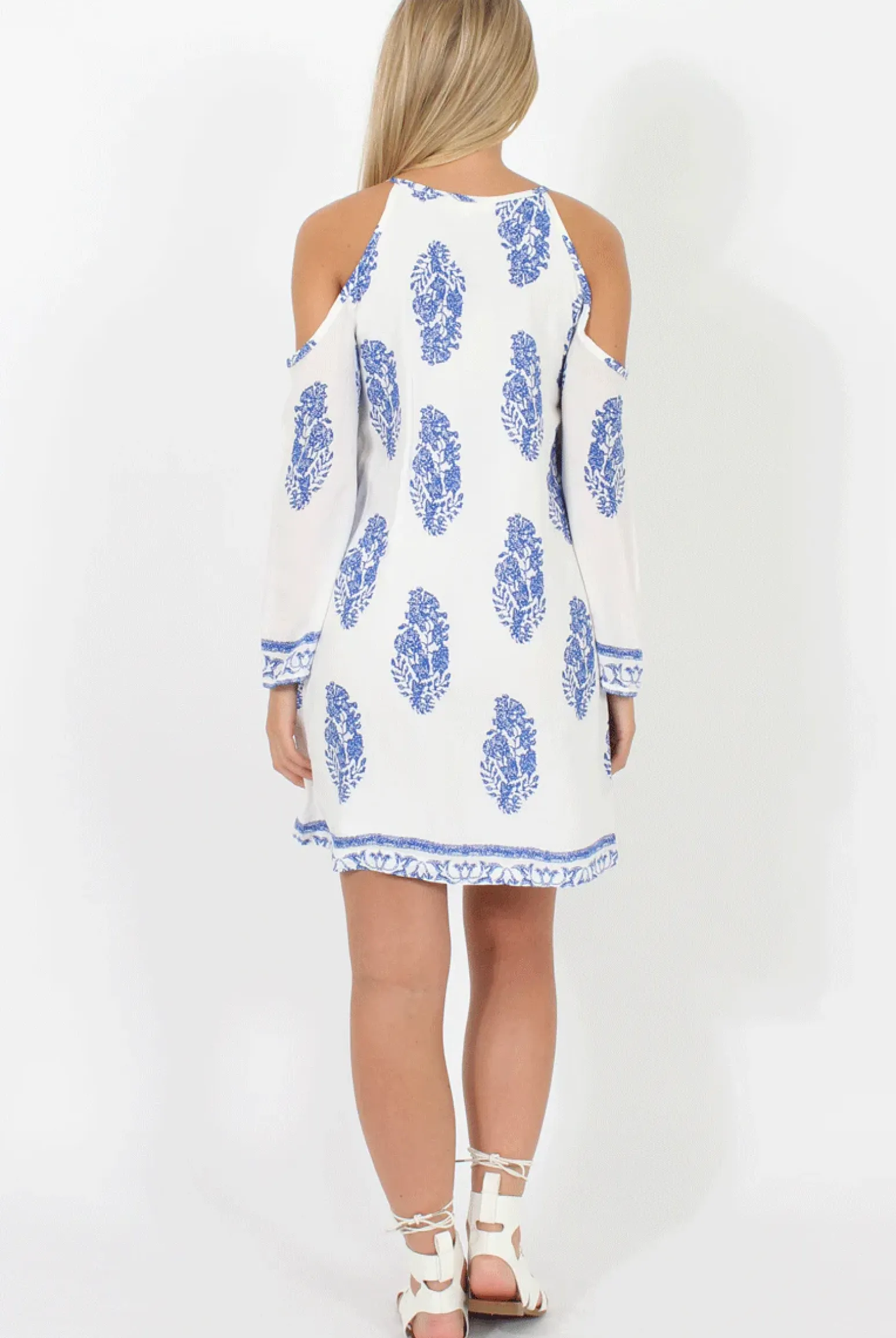 Rebellious Fashion White With Large Blue Paisley Print Cold Shoulder Dress - Penelope