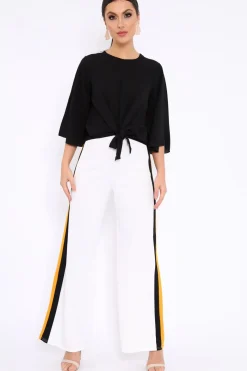 Rebellious Fashion White with Mustard and Black Side Stripe Wide Leg Trousers - Wiley