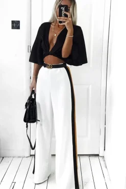 Rebellious Fashion White with Mustard and Black Side Stripe Wide Leg Trousers - Wiley