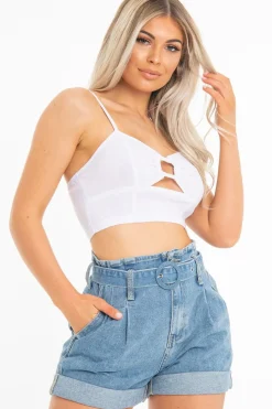 Rebellious Fashion White Woven Plunge Ring Detail Crop Top - Lettie