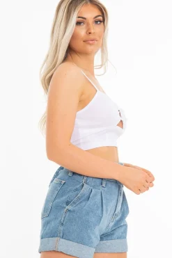 Rebellious Fashion White Woven Plunge Ring Detail Crop Top - Lettie