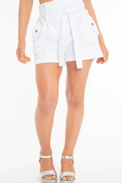 Rebellious Fashion White Woven Tie Waist Tailored Shorts - Perrie