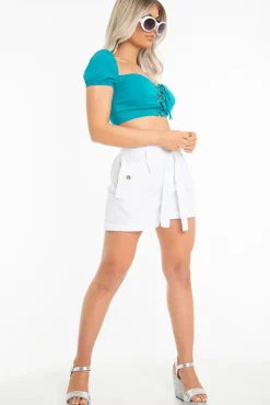 Rebellious Fashion White Woven Tie Waist Tailored Shorts - Perrie