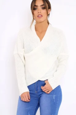 Rebellious Fashion White Wrap Front Cable Knit Jumper - Melia
