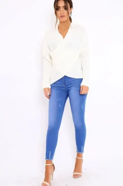 Rebellious Fashion White Wrap Front Cable Knit Jumper - Melia