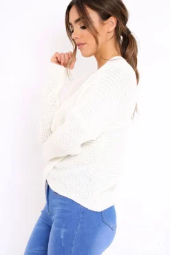 Rebellious Fashion White Wrap Front Cable Knit Jumper - Melia