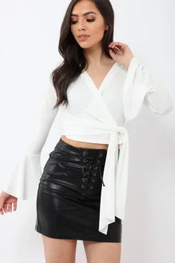 Rebellious Fashion White Wrap Over Tie Front Crop Top - Ella