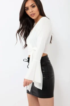 Rebellious Fashion White Wrap Over Tie Front Crop Top - Ella