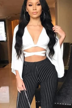 Rebellious Fashion White Wrap Tie Crop Blouse - Kay