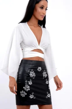 Rebellious Fashion White Wrap Tie Crop Blouse - Kay