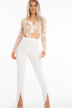 Rebellious Fashion White Yellow Mesh Floral Tie Front Crop Top - Elana
