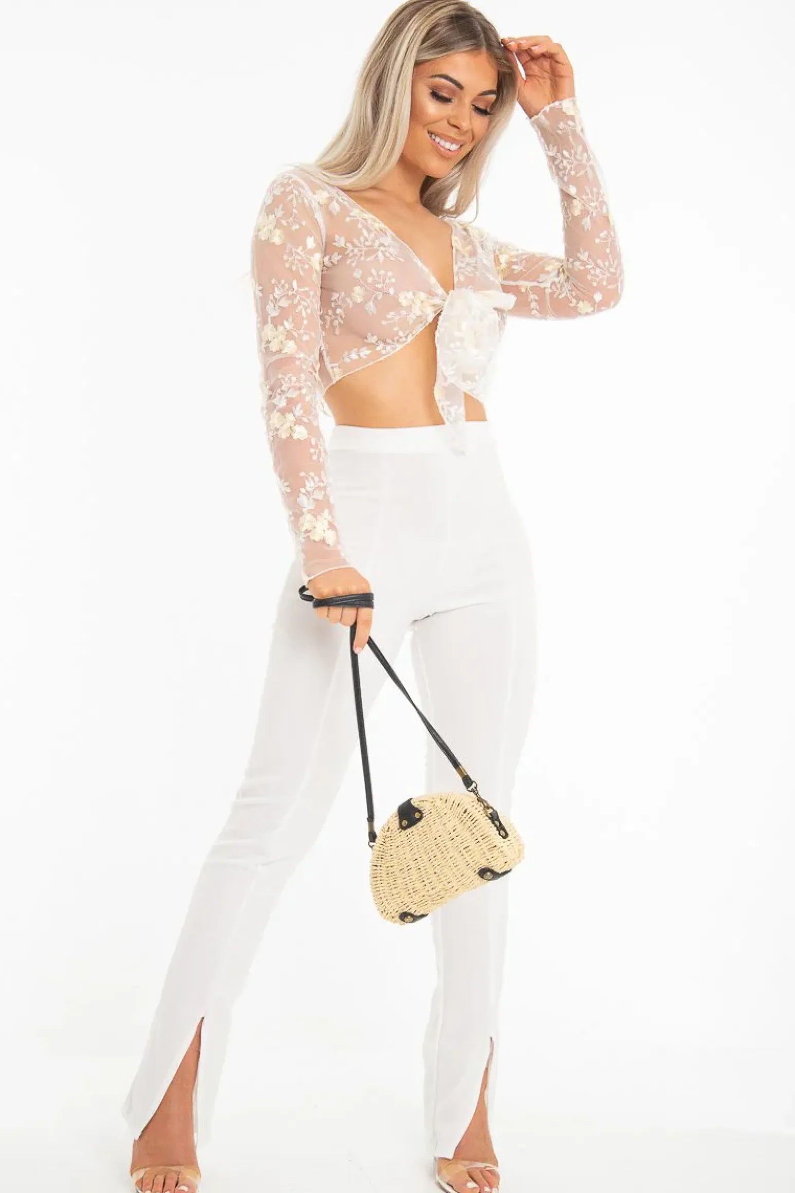 Rebellious Fashion White Yellow Mesh Floral Tie Front Crop Top - Elana