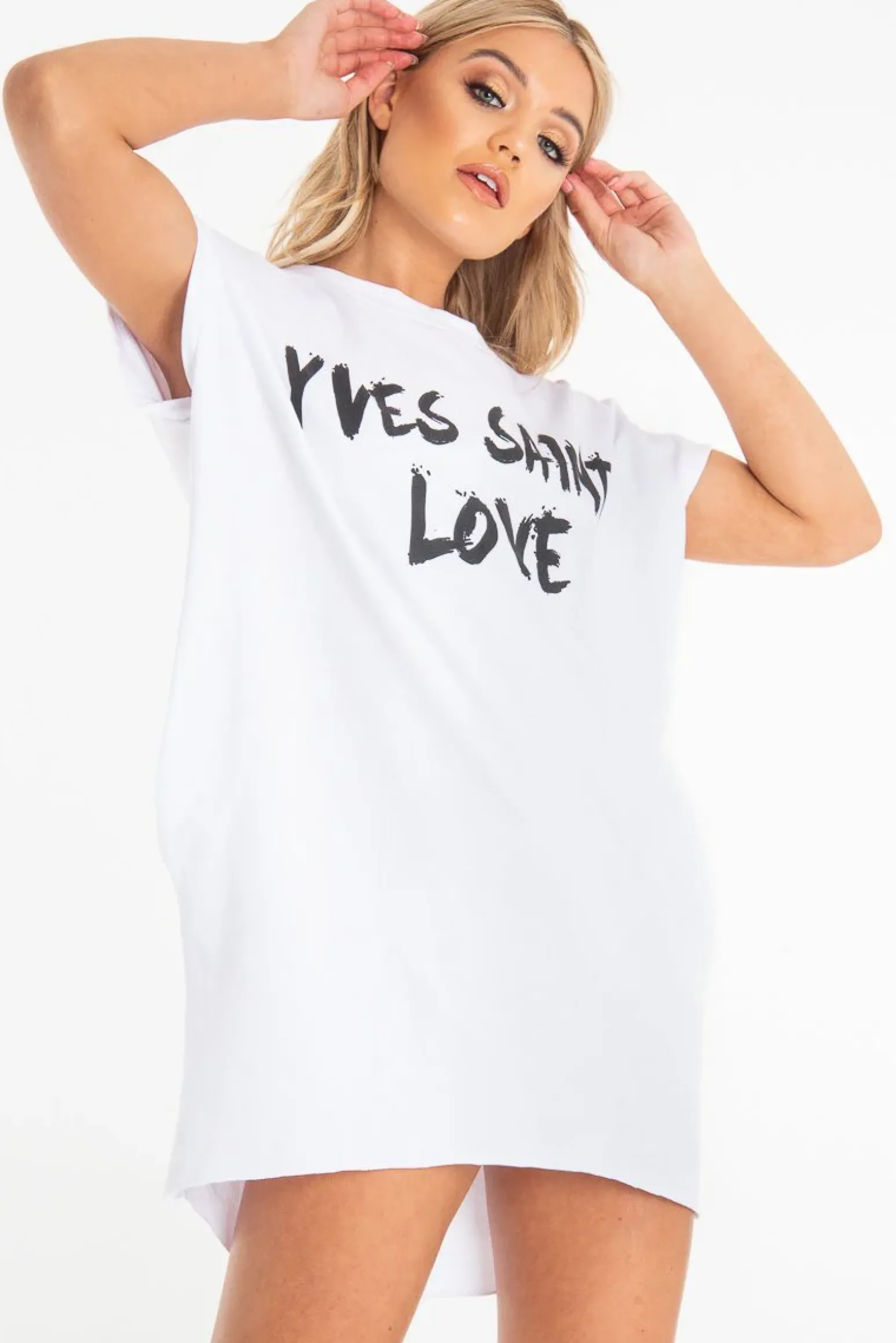 Rebellious Fashion White Yves Saint Love Printed Slogan T-Shirt Dress - Jamey