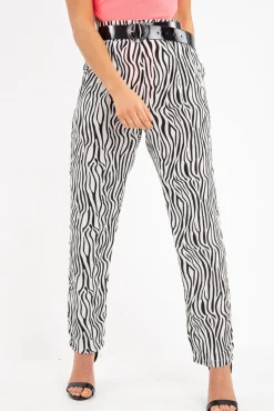 Rebellious Fashion White Zebra Print Wide Leg Trousers - Gisella