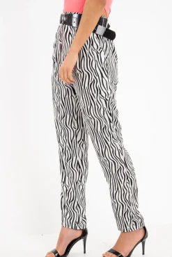 Rebellious Fashion White Zebra Print Wide Leg Trousers - Gisella