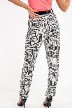 Rebellious Fashion White Zebra Print Wide Leg Trousers - Gisella