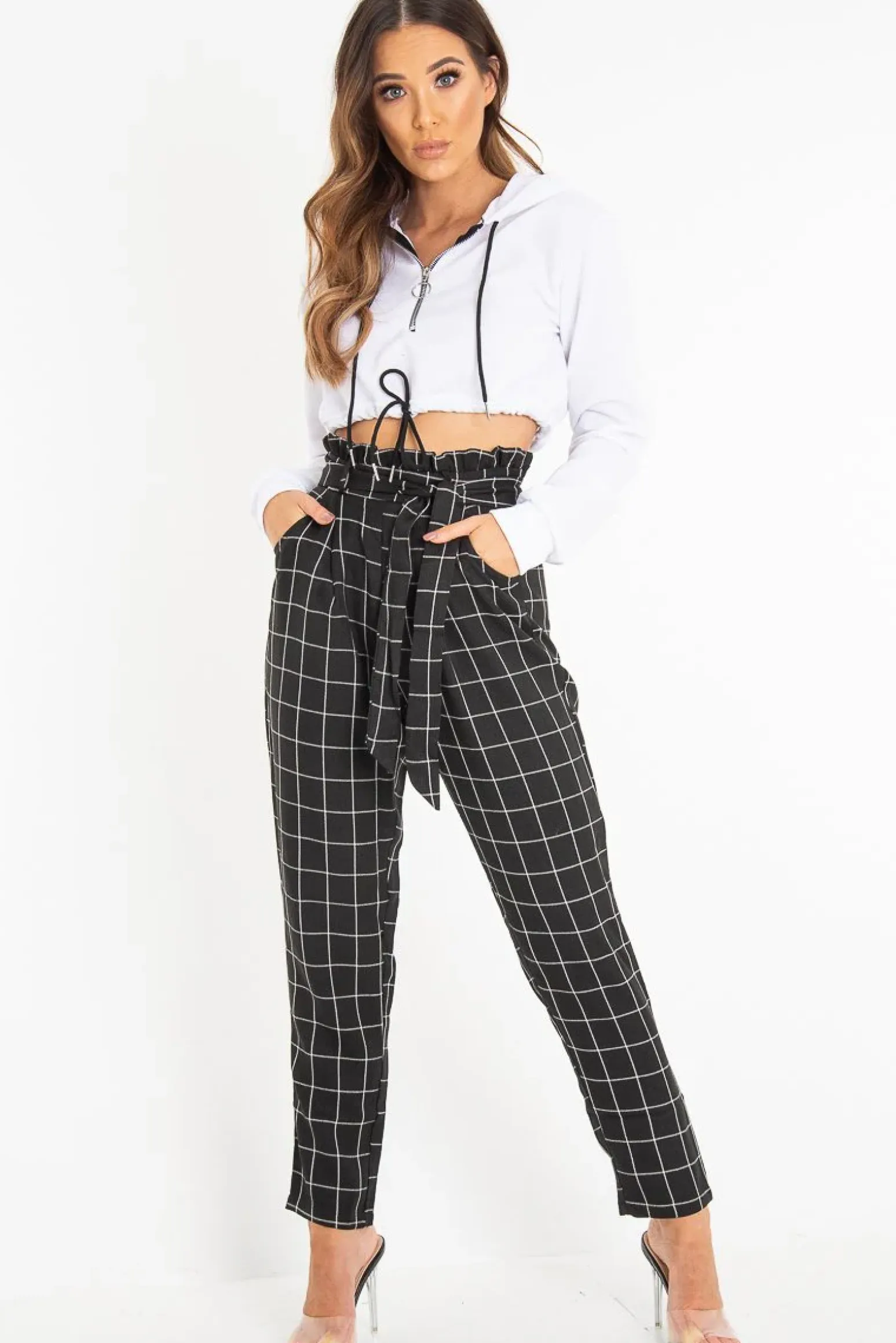Rebellious Fashion White Zip Front Drawstring Waist Hoodie Crop Top - Rudi