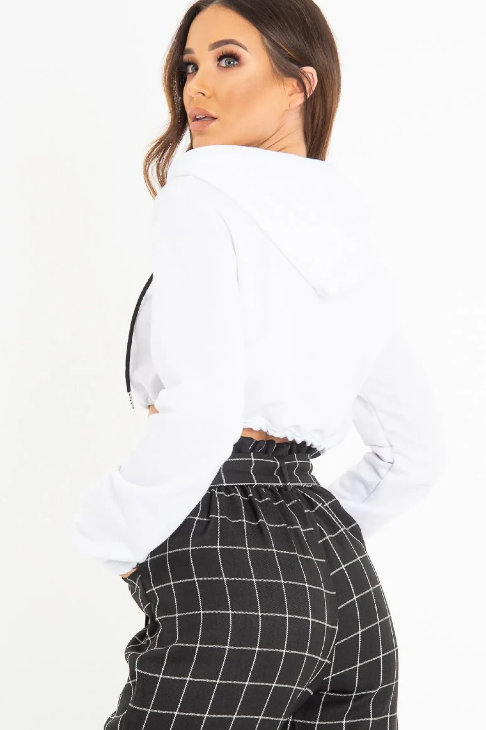 Rebellious Fashion White Zip Front Drawstring Waist Hoodie Crop Top - Rudi