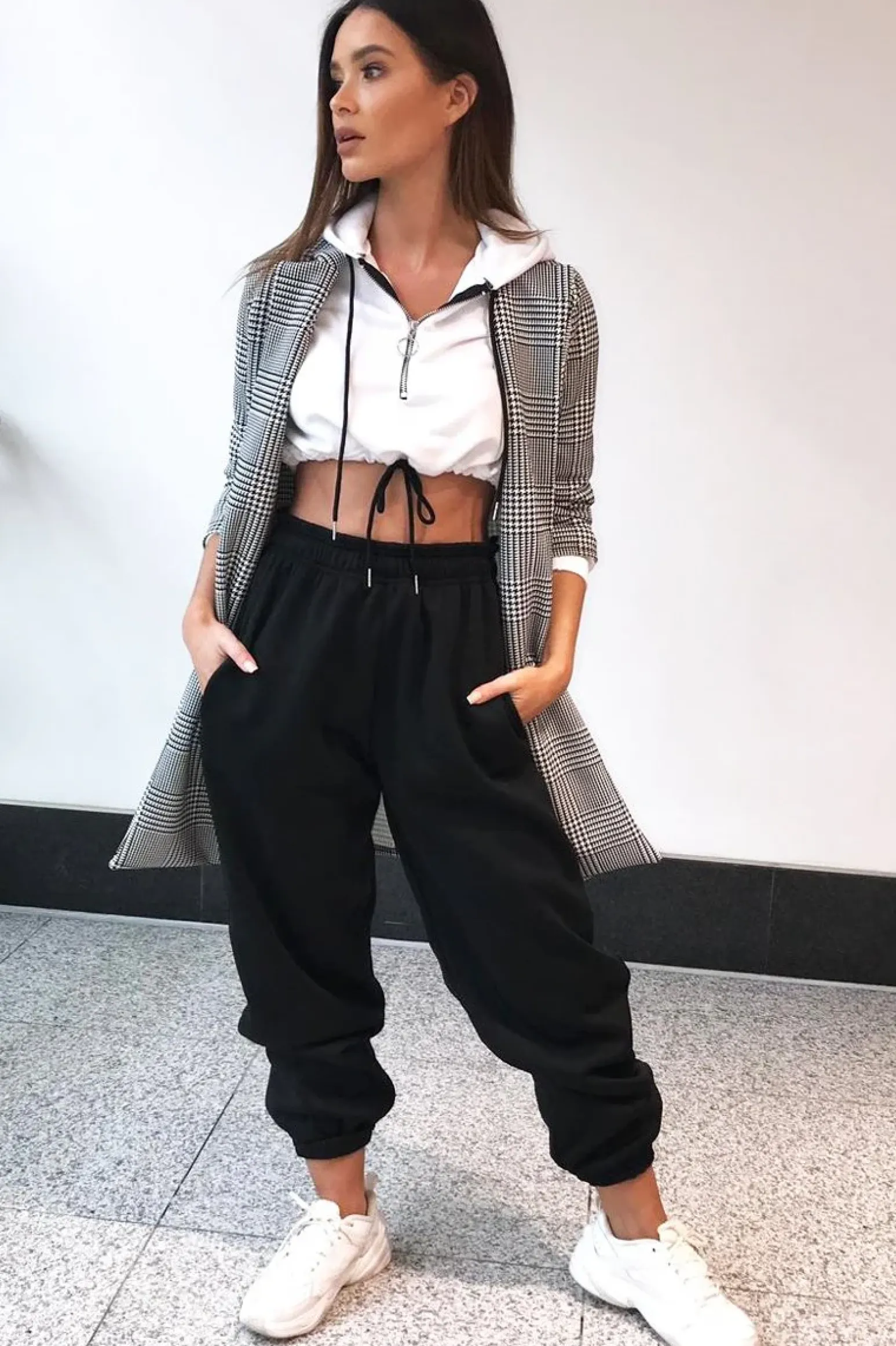 Rebellious Fashion White Zip Front Drawstring Waist Hoodie Crop Top - Rudi