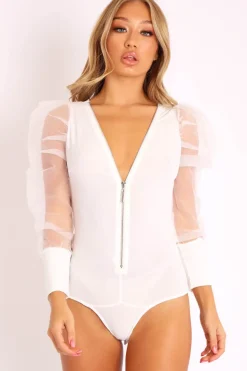 Rebellious Fashion White Zip Front Sheer Puff Sleeves Bodysuit - Vylet