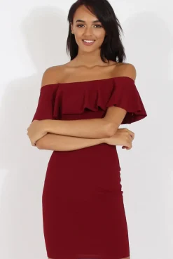 Rebellious Fashion Wine Bardot Frill Midi Dress - Lily