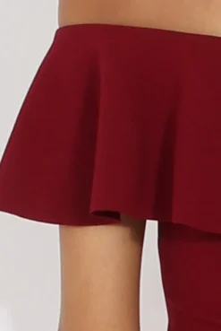 Rebellious Fashion Wine Bardot Frill Midi Dress - Lily