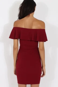 Rebellious Fashion Wine Bardot Frill Midi Dress - Lily