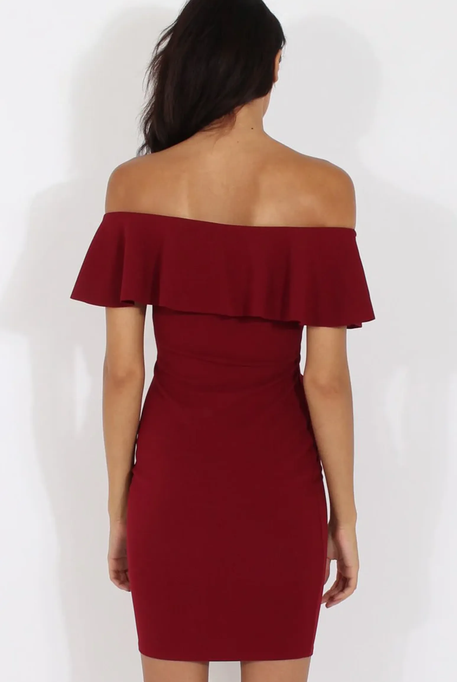 Rebellious Fashion Wine Bardot Frill Midi Dress - Lily