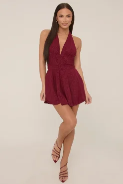 Rebellious Fashion Wine Floral Printed Plunge Halter Mini Dress - Zaynab