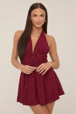 Rebellious Fashion Wine Floral Printed Plunge Halter Mini Dress - Zaynab