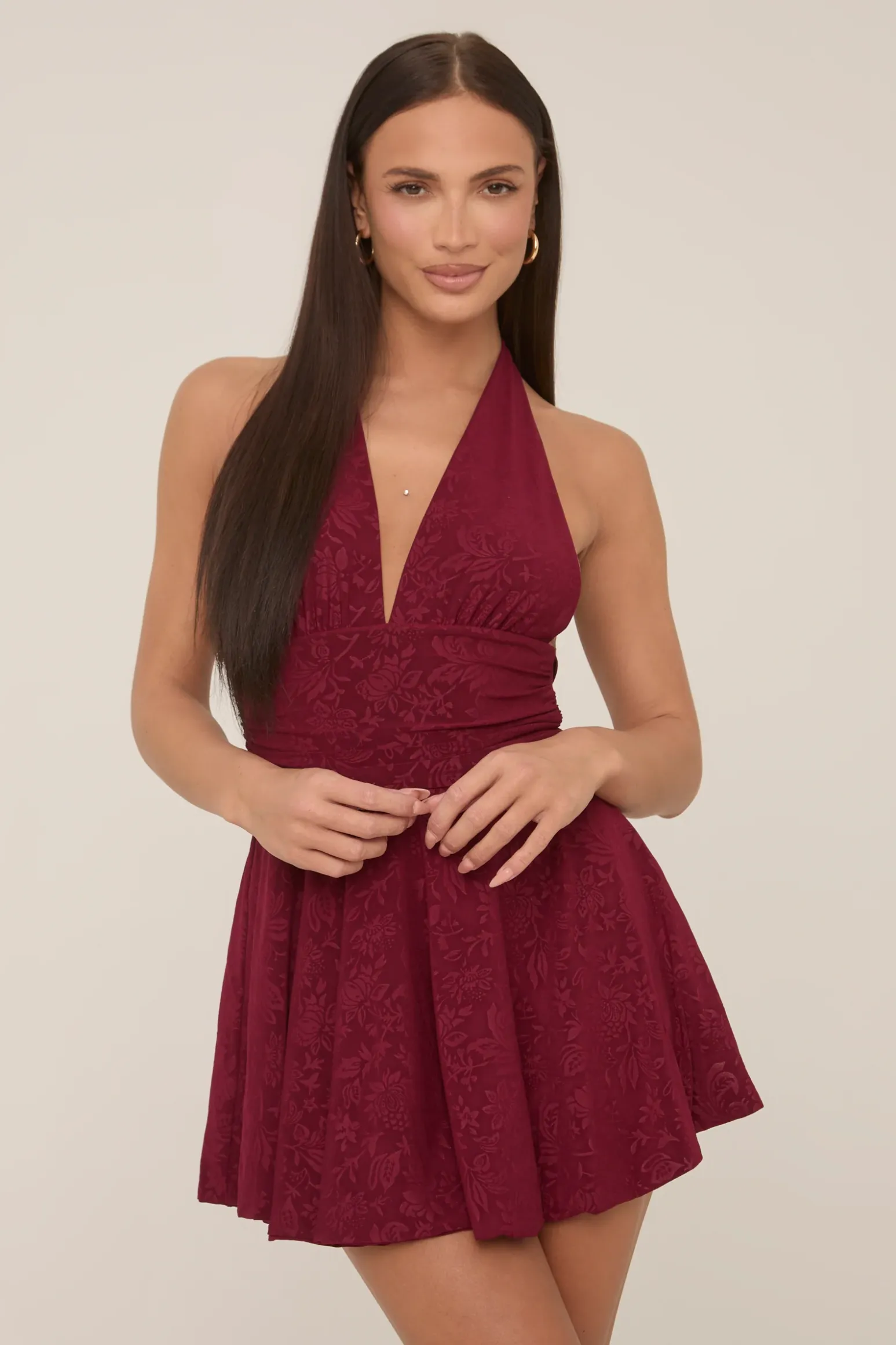 Rebellious Fashion Wine Floral Printed Plunge Halter Mini Dress - Zaynab