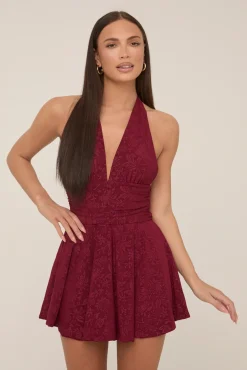 Rebellious Fashion Wine Floral Printed Plunge Halter Mini Dress - Zaynab