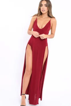 Rebellious Fashion Wine Front Split Leg Maxi Dress - Effy