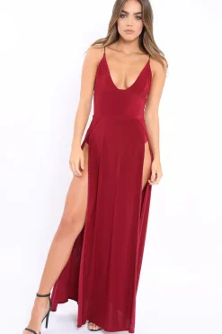 Rebellious Fashion Wine Front Split Leg Maxi Dress - Effy