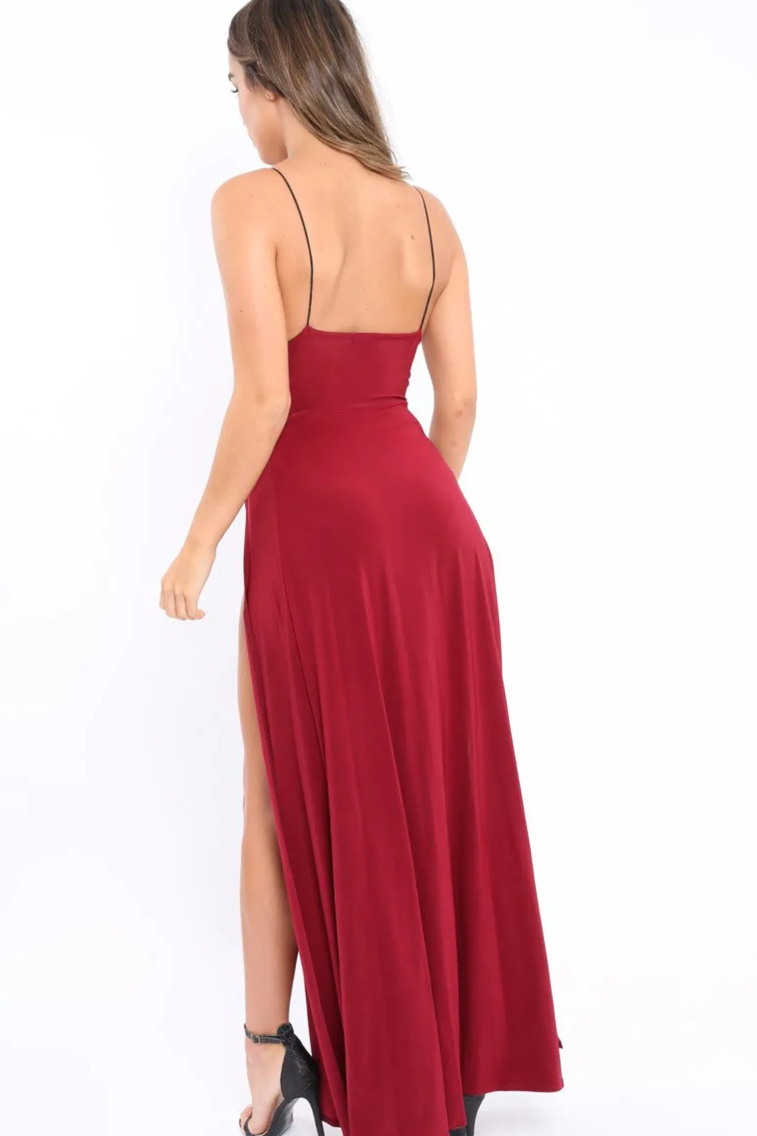 Rebellious Fashion Wine Front Split Leg Maxi Dress - Effy