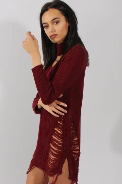Rebellious Fashion Wine High Neck Cut Out Distressed Jumper Dress - Adalyn