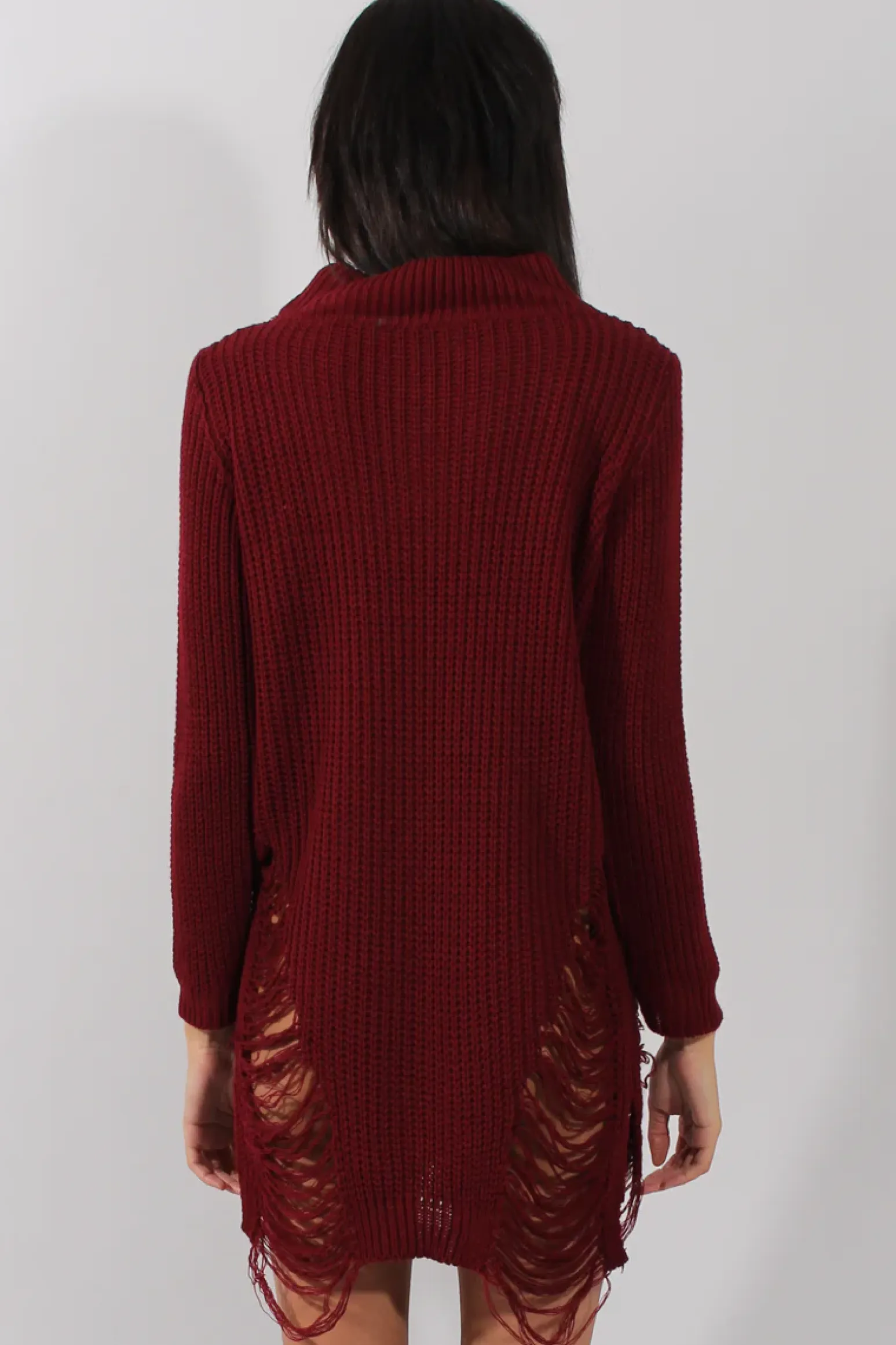 Rebellious Fashion Wine High Neck Cut Out Distressed Jumper Dress - Adalyn