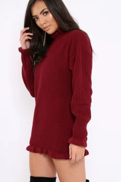 Rebellious Fashion Wine Knitted Ruffle Jumper Dress with Elasticated hems - Velma