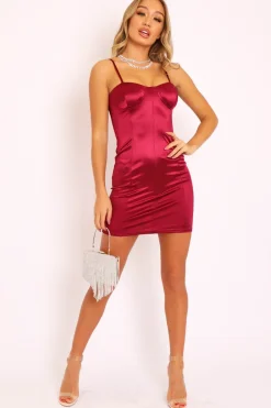 Rebellious Fashion Wine Satin Cup Detail Bodycon Mini Dress - Addison