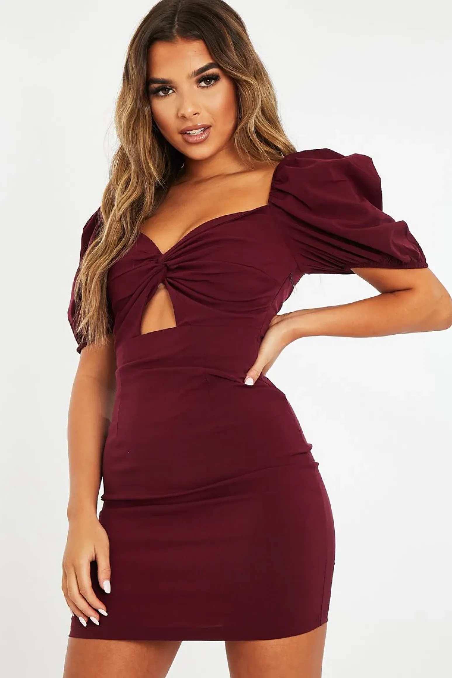 Rebellious Fashion Wine Twist Front Puff Sleeve Mini Dress - Dalexa