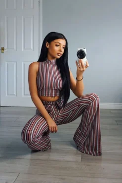 Rebellious Fashion Wine And Black Striped Crop And Trousers Co-Ord - Chrisley