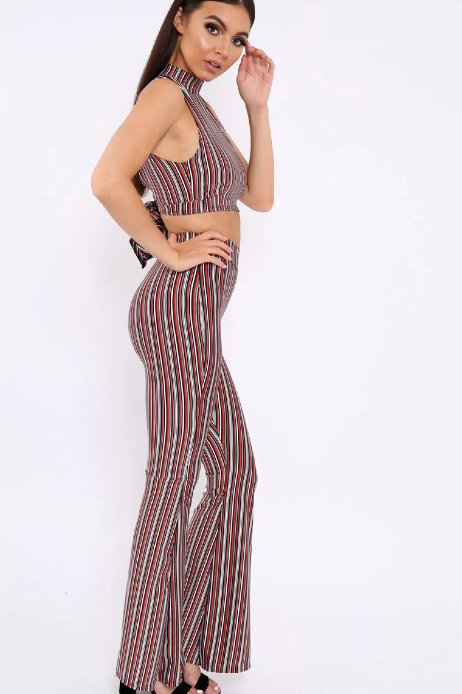 Rebellious Fashion Wine And Black Striped Crop And Trousers Co-Ord - Chrisley
