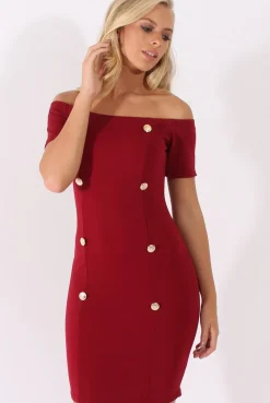 Rebellious Fashion Wine Bardot Bodycon Button Detail Dress - Wallis