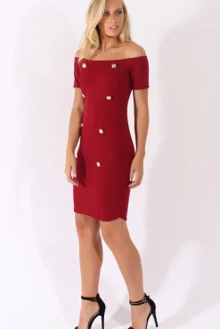 Rebellious Fashion Wine Bardot Bodycon Button Detail Dress - Wallis