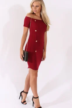Rebellious Fashion Wine Bardot Bodycon Button Detail Dress - Wallis