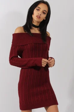 Rebellious Fashion Wine Bardot Cable Knit Jumper Dress - Peeta