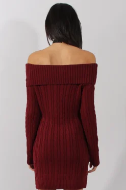 Rebellious Fashion Wine Bardot Cable Knit Jumper Dress - Peeta
