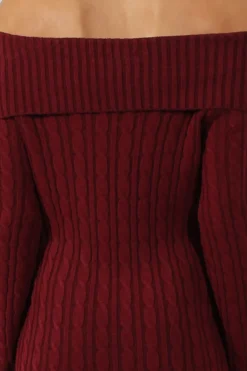Rebellious Fashion Wine Bardot Cable Knit Jumper Dress - Peeta