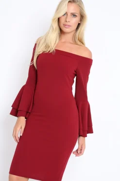 Rebellious Fashion Wine Bardot Flared Sleeve Dress - Ebony