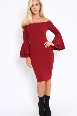 Rebellious Fashion Wine Bardot Flared Sleeve Dress - Ebony